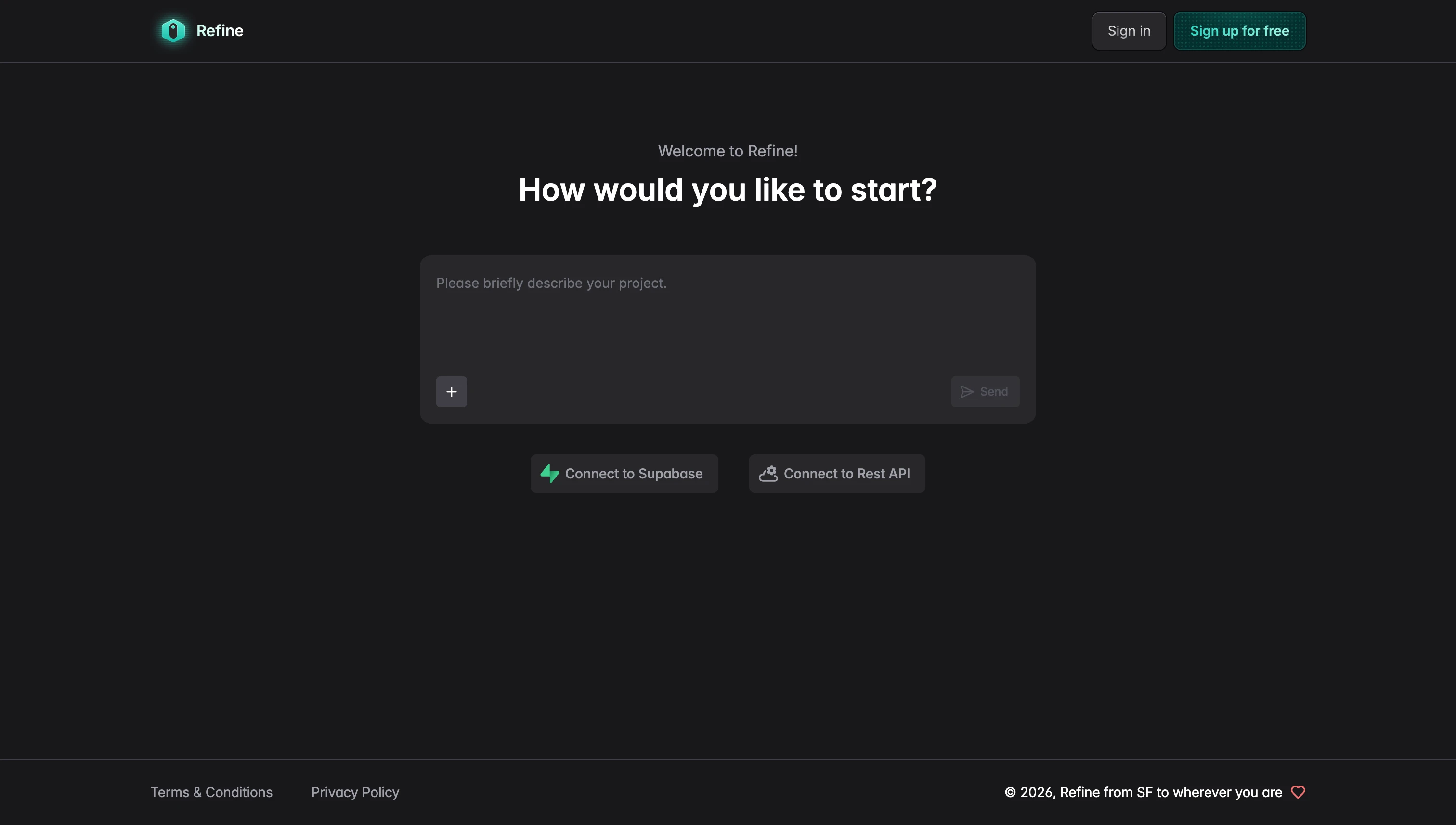 Refine start page showing connection options